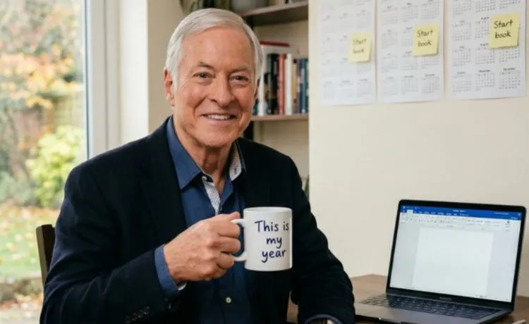 Brian Tracy sentado en su oficina, con una taza en la mano